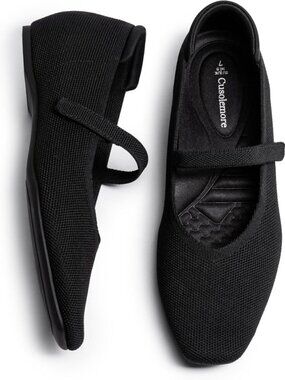 Women Black Knit Square Toe Arch Support and Concealed Low Wedge Ballet Flats